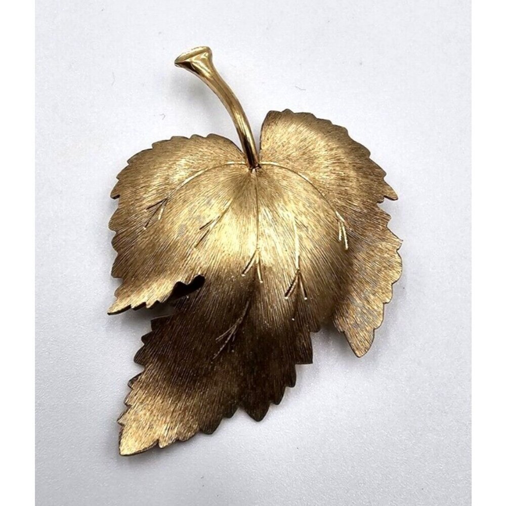 Brushed Gold Tone Leaf Brooch Pin MCM Hollywood Glam